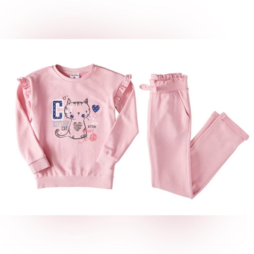 NEW: 2-Piece Girls’ Cat/Kitten Sweatsuit/Loungewear—Size XS (4/5)
